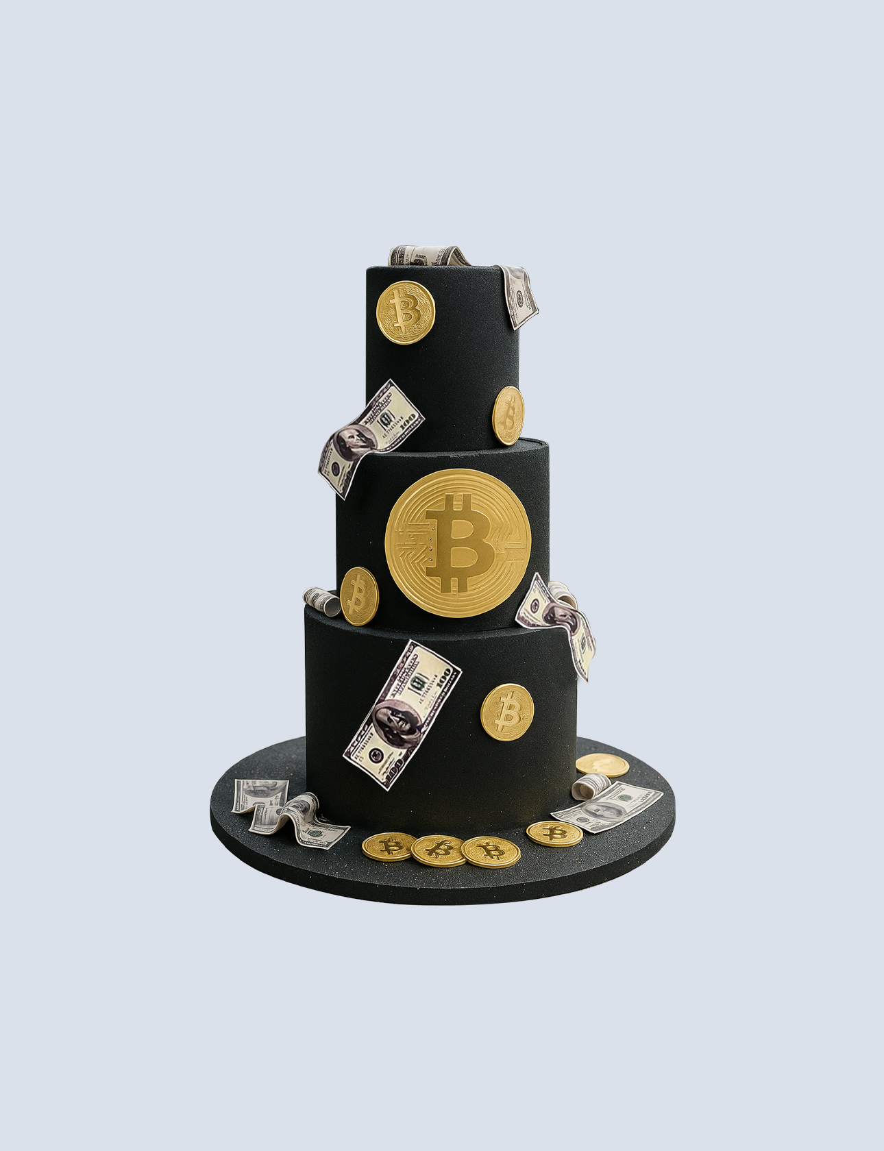 Three-tiered cake decorated with Bitcoin symbols and dollar bills, emphasizing a money and cryptocurrency theme, suitable for a bakery specializing in unique cake designs.